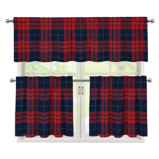 Blue And Red Tartan Pattern Print 3 Piece Kitchen Curtains