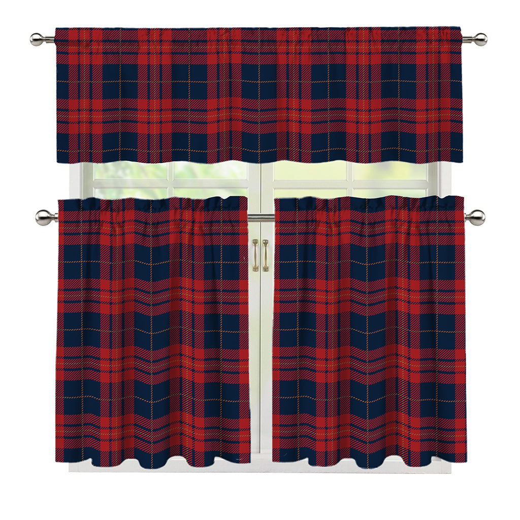 Blue And Red Tartan Pattern Print 3 Piece Kitchen Curtains