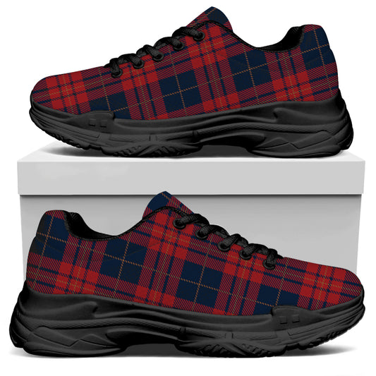 Blue And Red Tartan Pattern Print Black Chunky Shoes