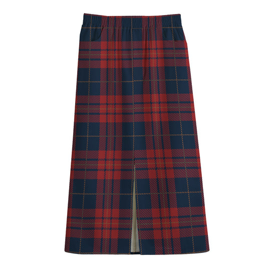 Blue And Red Tartan Pattern Print Cotton Front Slit Maxi Skirt