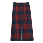 Blue And Red Tartan Pattern Print Cotton Front Slit Maxi Skirt