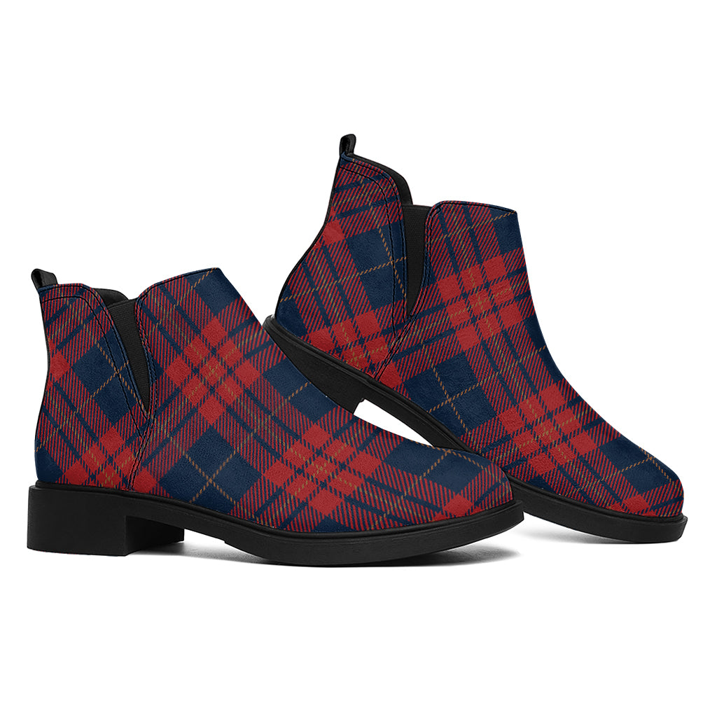 Blue And Red Tartan Pattern Print Flat Ankle Boots