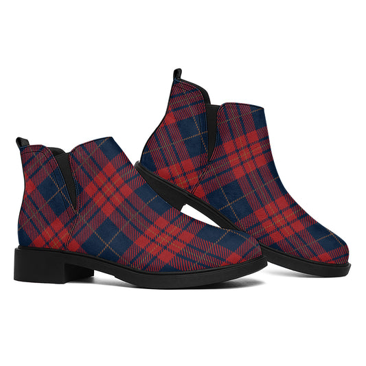 Blue And Red Tartan Pattern Print Flat Ankle Boots