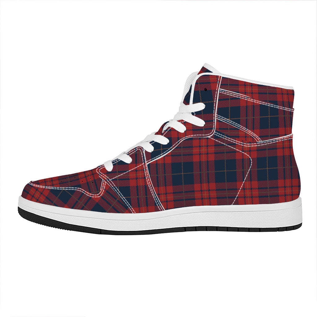 Blue And Red Tartan Pattern Print High Top Leather Sneakers