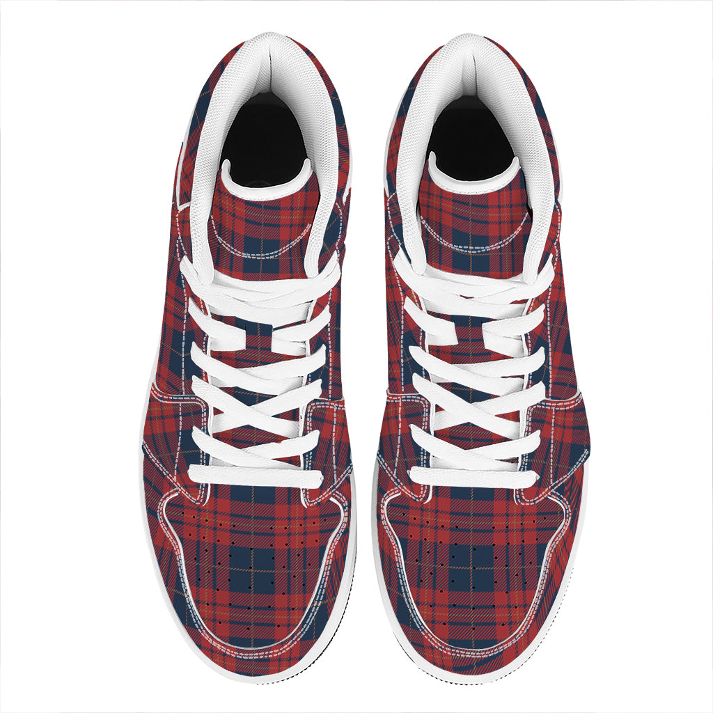 Blue And Red Tartan Pattern Print High Top Leather Sneakers