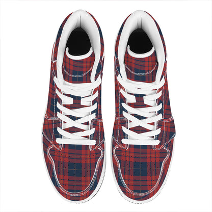 Blue And Red Tartan Pattern Print High Top Leather Sneakers