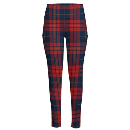 Blue And Red Tartan Pattern Print High-Waisted Pocket Leggings