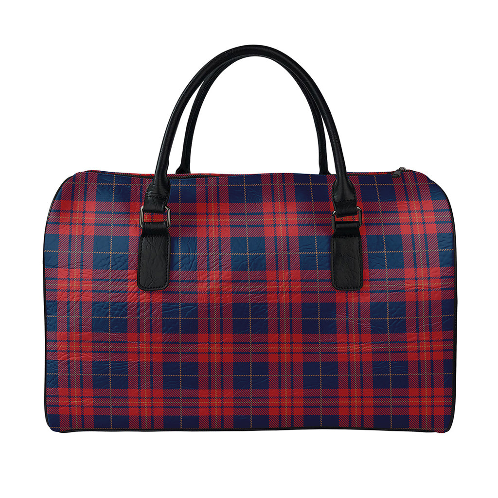 Blue And Red Tartan Pattern Print Leather Duffle Bag