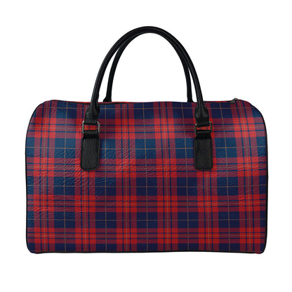 Blue And Red Tartan Pattern Print Leather Duffle Bag