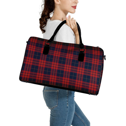 Blue And Red Tartan Pattern Print Leather Duffle Bag