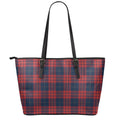 Blue And Red Tartan Pattern Print Leather Tote Bag With Zipper