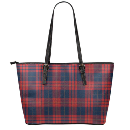 Blue And Red Tartan Pattern Print Leather Tote Bag