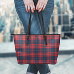 Blue And Red Tartan Pattern Print Leather Tote Bag