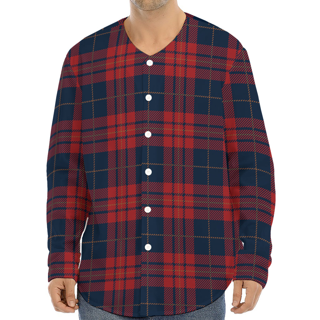 Blue And Red Tartan Pattern Print Long Sleeve Baseball Jersey