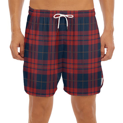 Blue And Red Tartan Pattern Print Men's Split Running Shorts