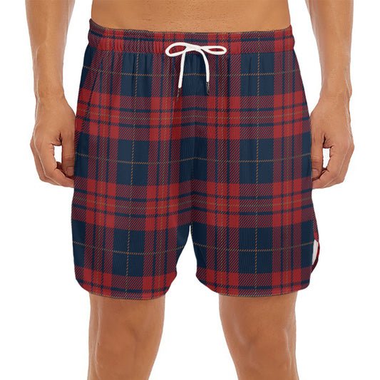 Blue And Red Tartan Pattern Print Men's Split Running Shorts
