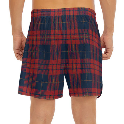 Blue And Red Tartan Pattern Print Men's Split Running Shorts