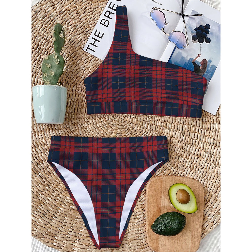 Blue And Red Tartan Pattern Print One Shoulder Bikini Top