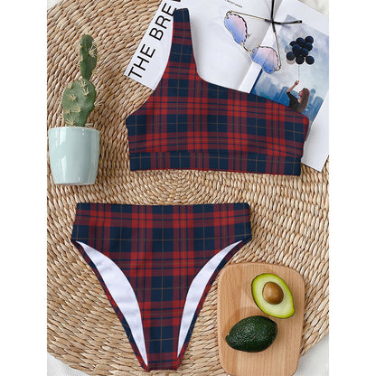 Blue And Red Tartan Pattern Print One Shoulder Bikini Top