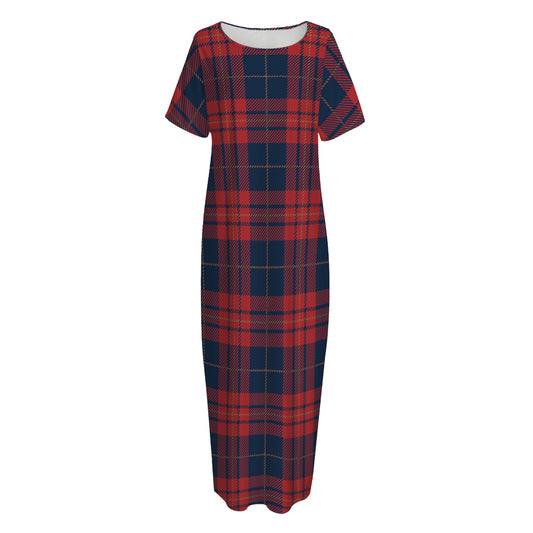 Blue And Red Tartan Pattern Print Short Sleeve Long Nightdress