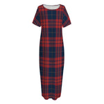 Blue And Red Tartan Pattern Print Short Sleeve Long Nightdress