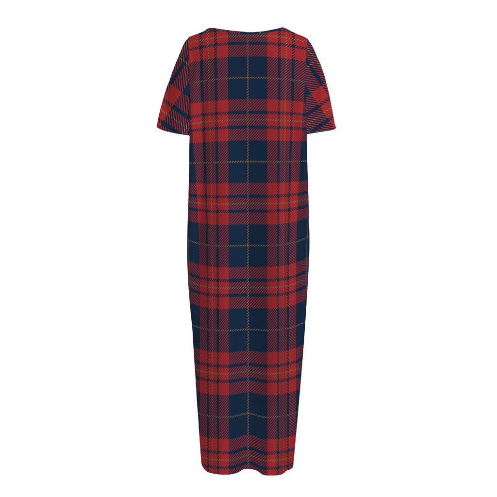 Blue And Red Tartan Pattern Print Short Sleeve Long Nightdress