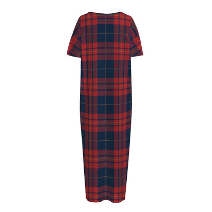 Blue And Red Tartan Pattern Print Short Sleeve Long Nightdress