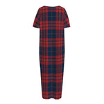 Blue And Red Tartan Pattern Print Short Sleeve Long Nightdress