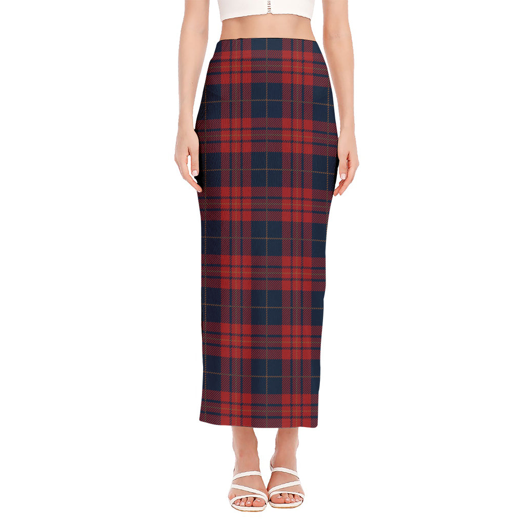 Blue And Red Tartan Pattern Print Side Slit Maxi Skirt