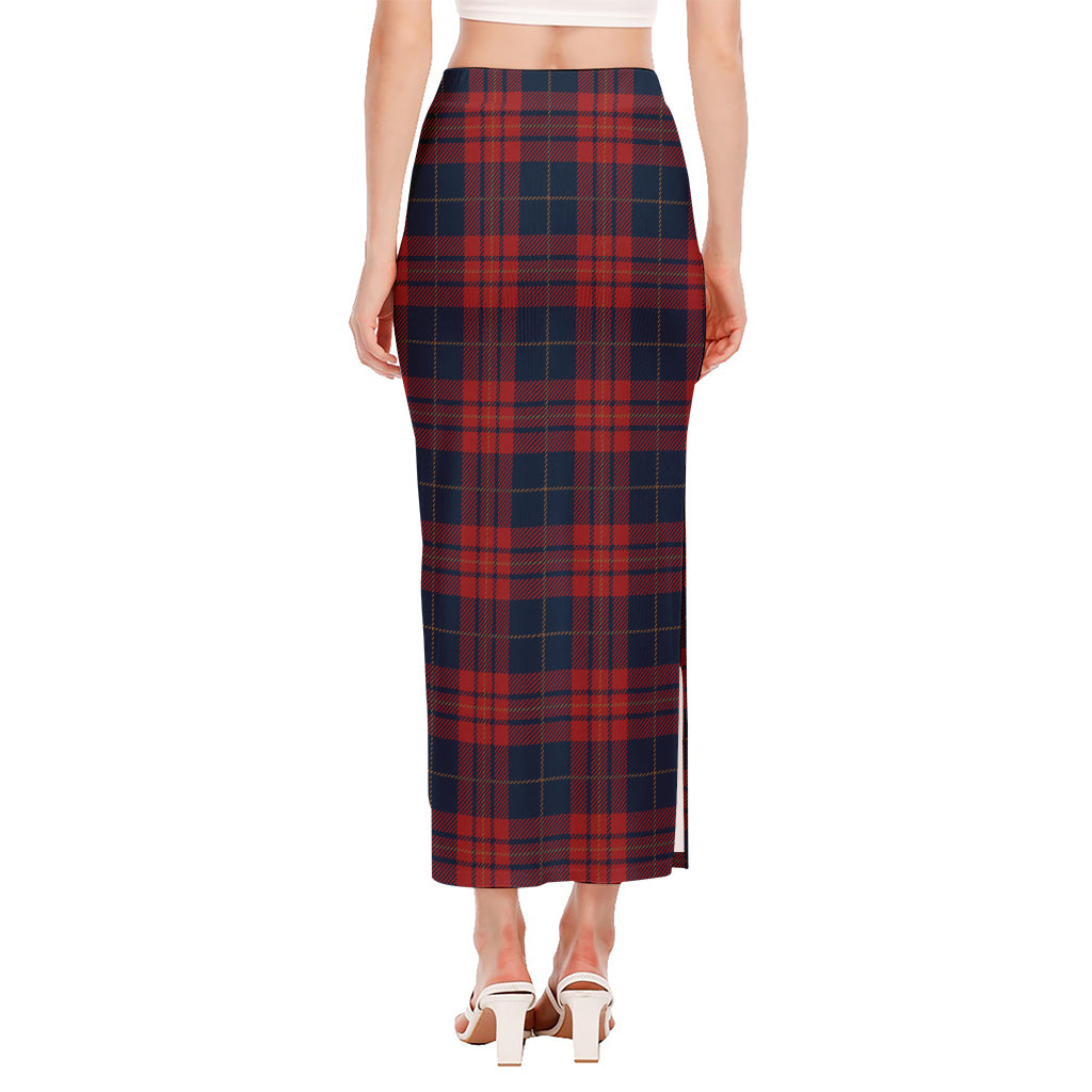 Blue And Red Tartan Pattern Print Side Slit Maxi Skirt