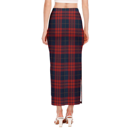 Blue And Red Tartan Pattern Print Side Slit Maxi Skirt