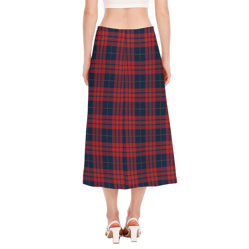 Blue And Red Tartan Pattern Print Side Slit Midi Skirt