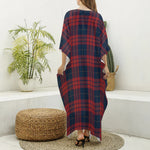 Blue And Red Tartan Pattern Print Silk V-Neck Kaftan Dress