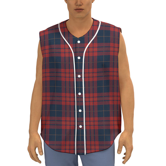 Blue And Red Tartan Pattern Print Sleeveless Baseball Jersey