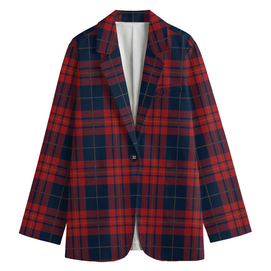 Blue And Red Tartan Pattern Print Women's Cotton Blazer