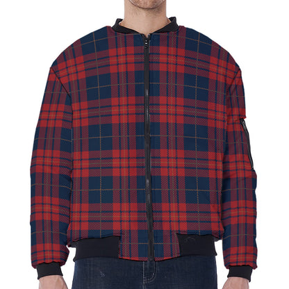 Blue And Red Tartan Pattern Print Zip Sleeve Bomber Jacket