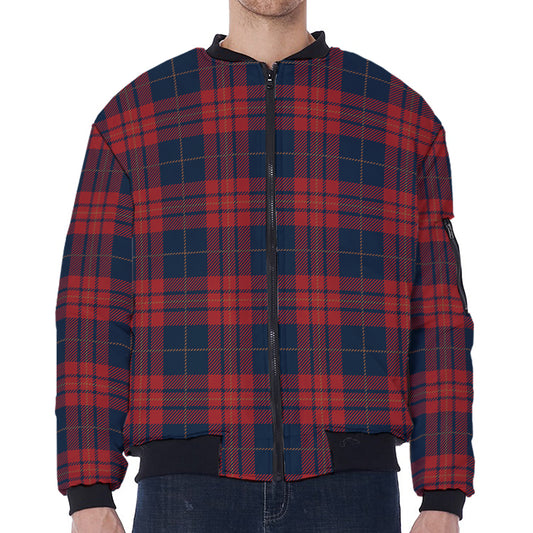 Blue And Red Tartan Pattern Print Zip Sleeve Bomber Jacket