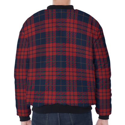 Blue And Red Tartan Pattern Print Zip Sleeve Bomber Jacket