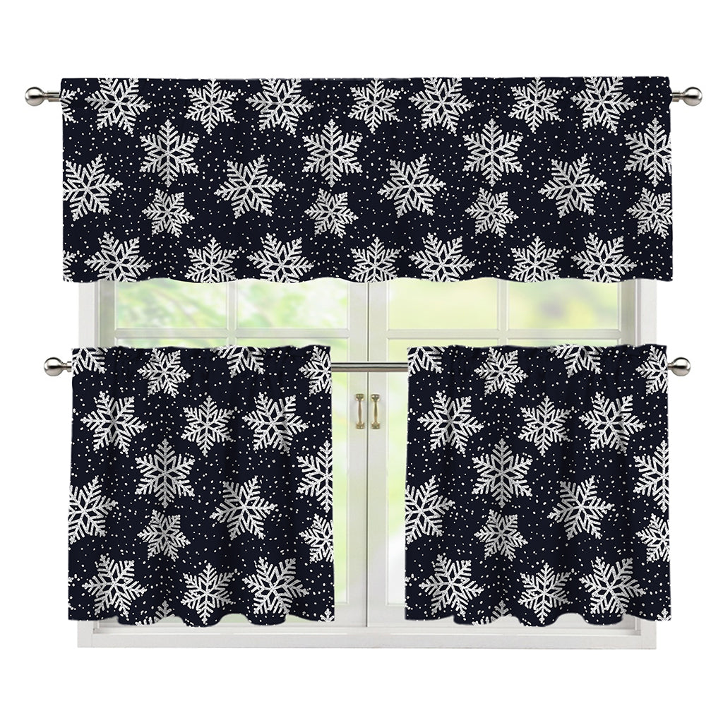 Blue And Silver Snowflake Pattern Print 3 Piece Kitchen Curtains