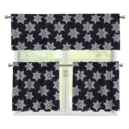 Blue And Silver Snowflake Pattern Print 3 Piece Kitchen Curtains