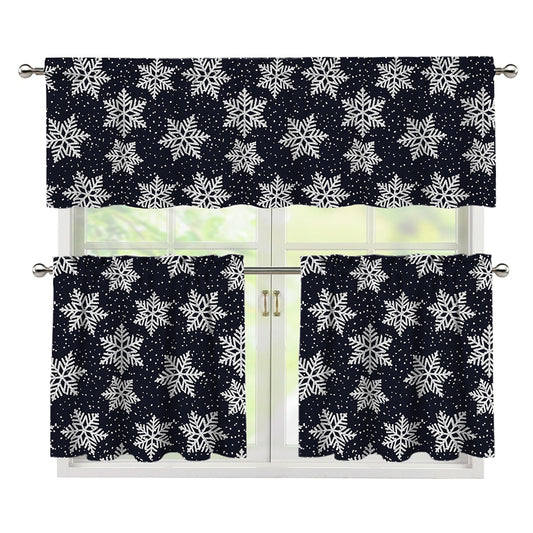 Blue And Silver Snowflake Pattern Print 3 Piece Kitchen Curtains