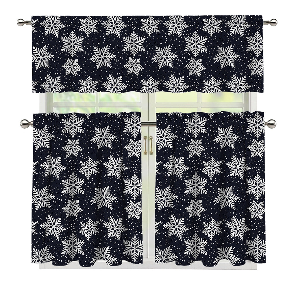 Blue And Silver Snowflake Pattern Print 3 Piece Kitchen Curtains