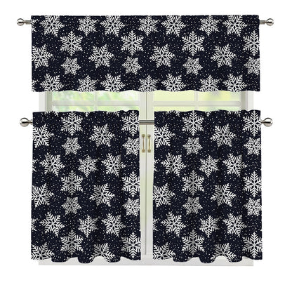Blue And Silver Snowflake Pattern Print 3 Piece Kitchen Curtains