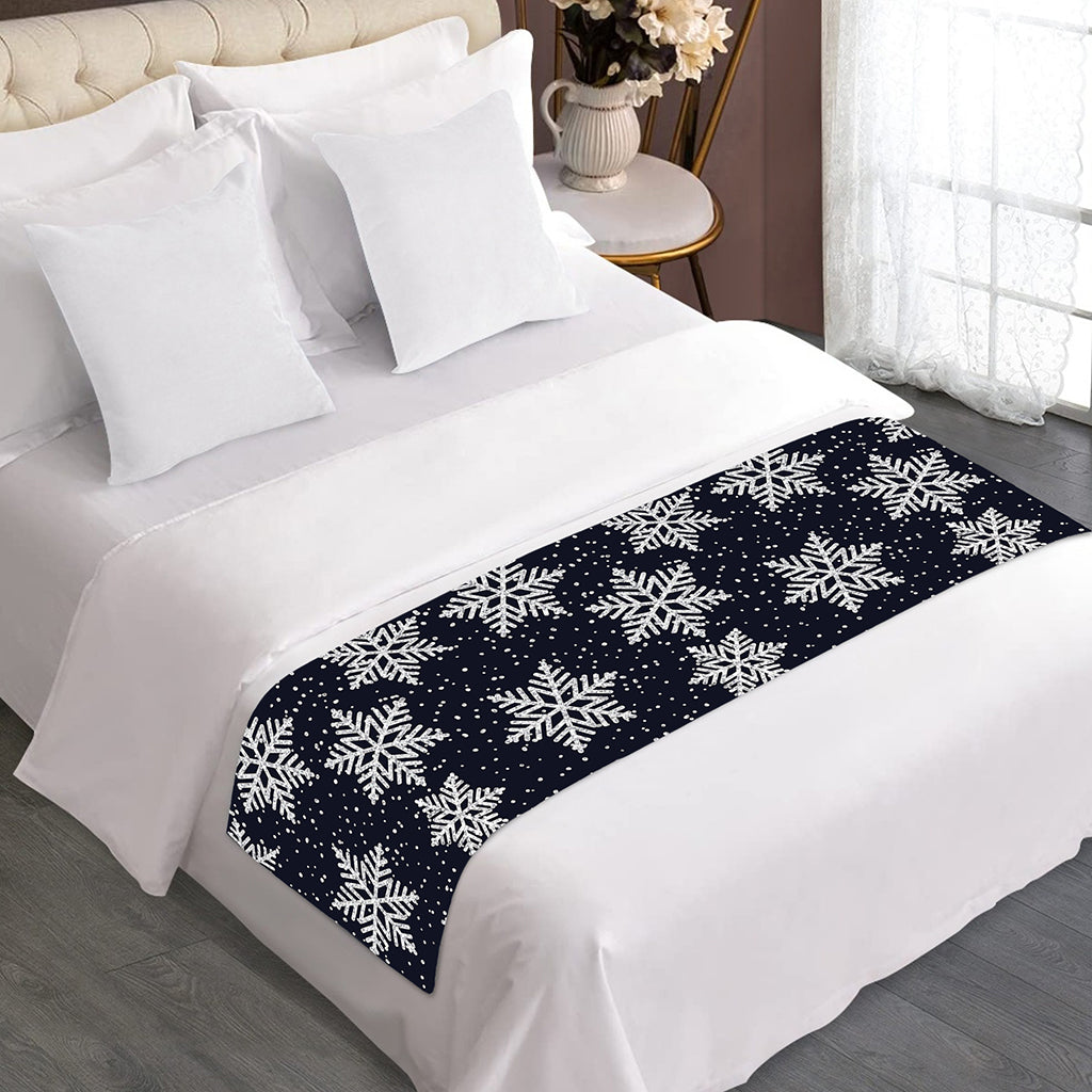 Blue And Silver Snowflake Pattern Print Bed Runner