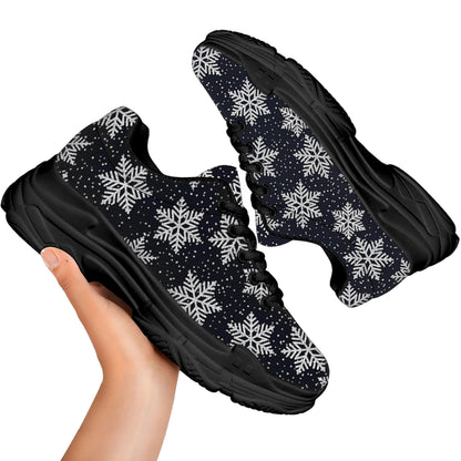 Blue And Silver Snowflake Pattern Print Black Chunky Shoes