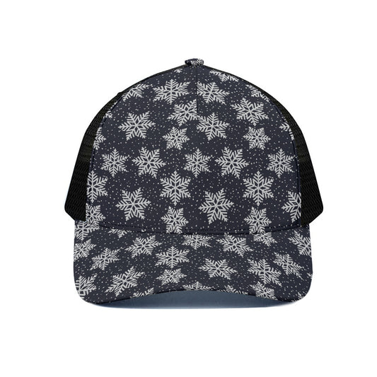 Blue And Silver Snowflake Pattern Print Black Mesh Trucker Cap