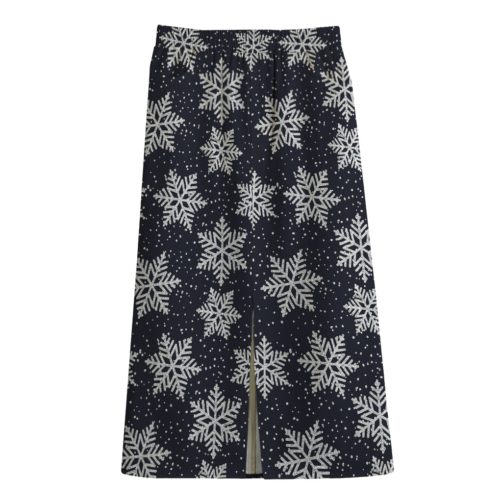 Blue And Silver Snowflake Pattern Print Cotton Front Slit Maxi Skirt