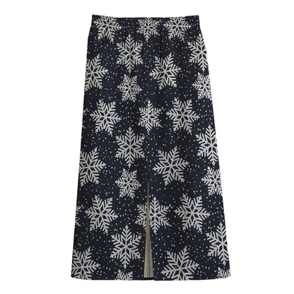 Blue And Silver Snowflake Pattern Print Cotton Front Slit Maxi Skirt