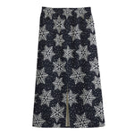 Blue And Silver Snowflake Pattern Print Cotton Front Slit Maxi Skirt