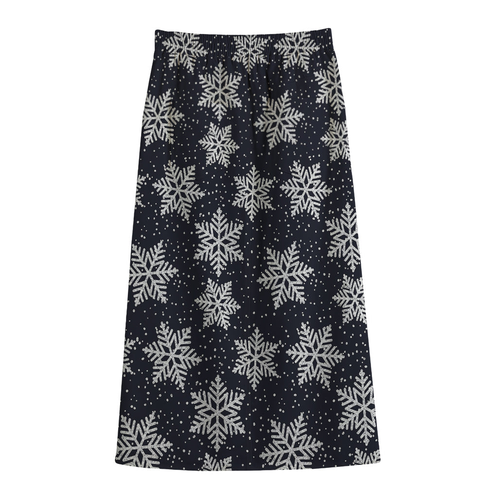 Blue And Silver Snowflake Pattern Print Cotton Front Slit Maxi Skirt